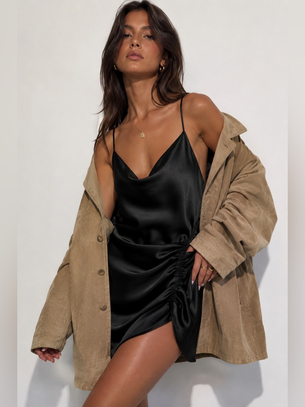 Black Satin Cowl Neck Mini Dress